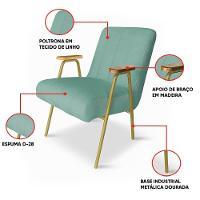 Poltrona Sala Decorativa Industrial Dourado Kit 2 Laurita Linho Verde Menta K01 - D'rossi - 3