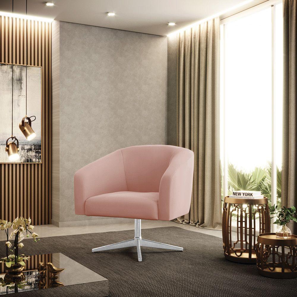 Kit 02 Poltronas Giratória Stella Veludo Rosê Base Cromada D03 - D'rossi - 6