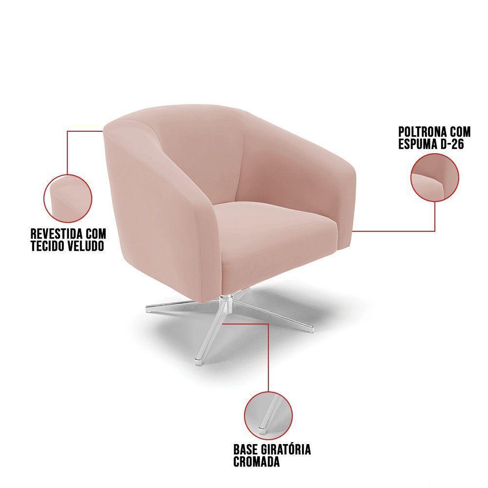 Kit 02 Poltronas Giratória Stella Veludo Rosê Base Cromada D03 - D'rossi - 8