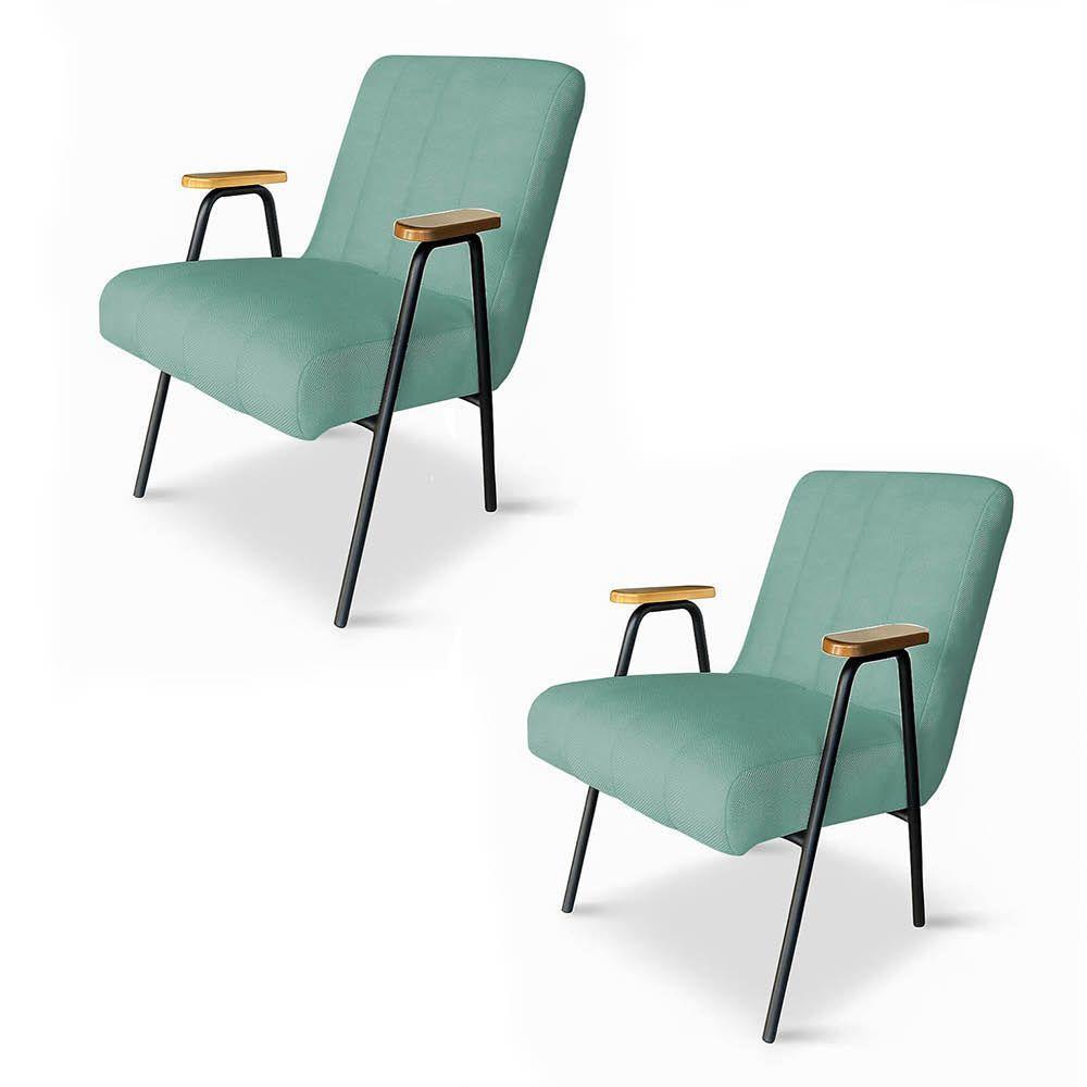 Poltrona Sala Decorativa Industrial Preto Kit 2 Laurita Linho Verde Menta K01 - D'rossi - 2