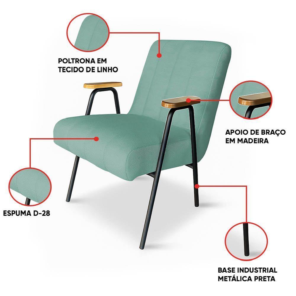 Poltrona Sala Decorativa Industrial Preto Kit 2 Laurita Linho Verde Menta K01 - D'rossi - 3