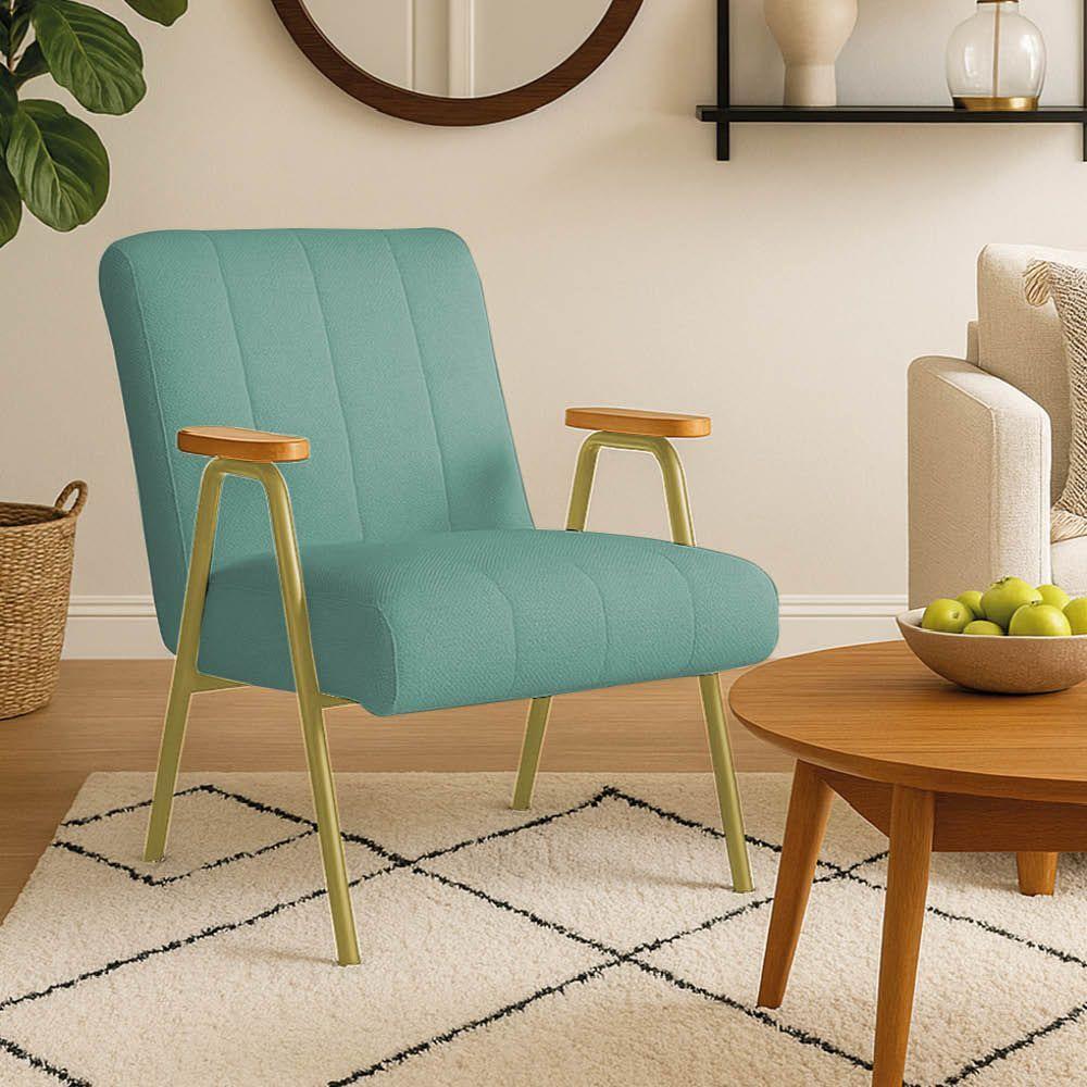 Poltrona Sala Decorativa Industrial Dourado Laurita Linho Verde Menta K01 - D'rossi - 1