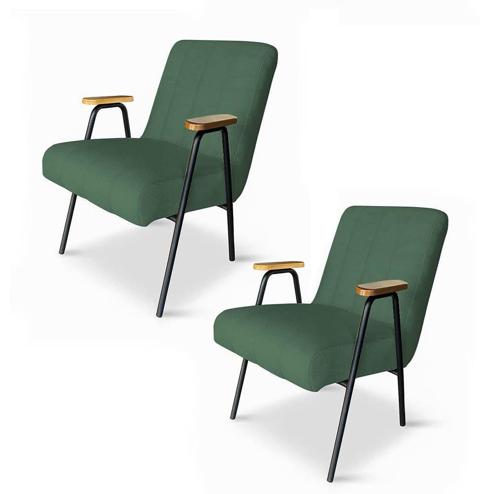 Poltrona Sala Decorativa Industrial Preto Kit 2 Laurita Linho K01 - D'rossi Cor Verde - 2