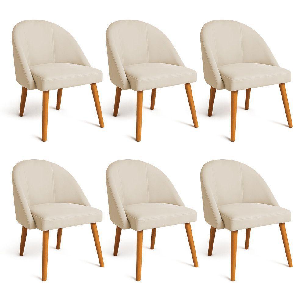 Kit 06 Cadeiras Poltrona De Jantar Luna Suede Pés Palito Castanho - Pallazio Cor Bege - 1