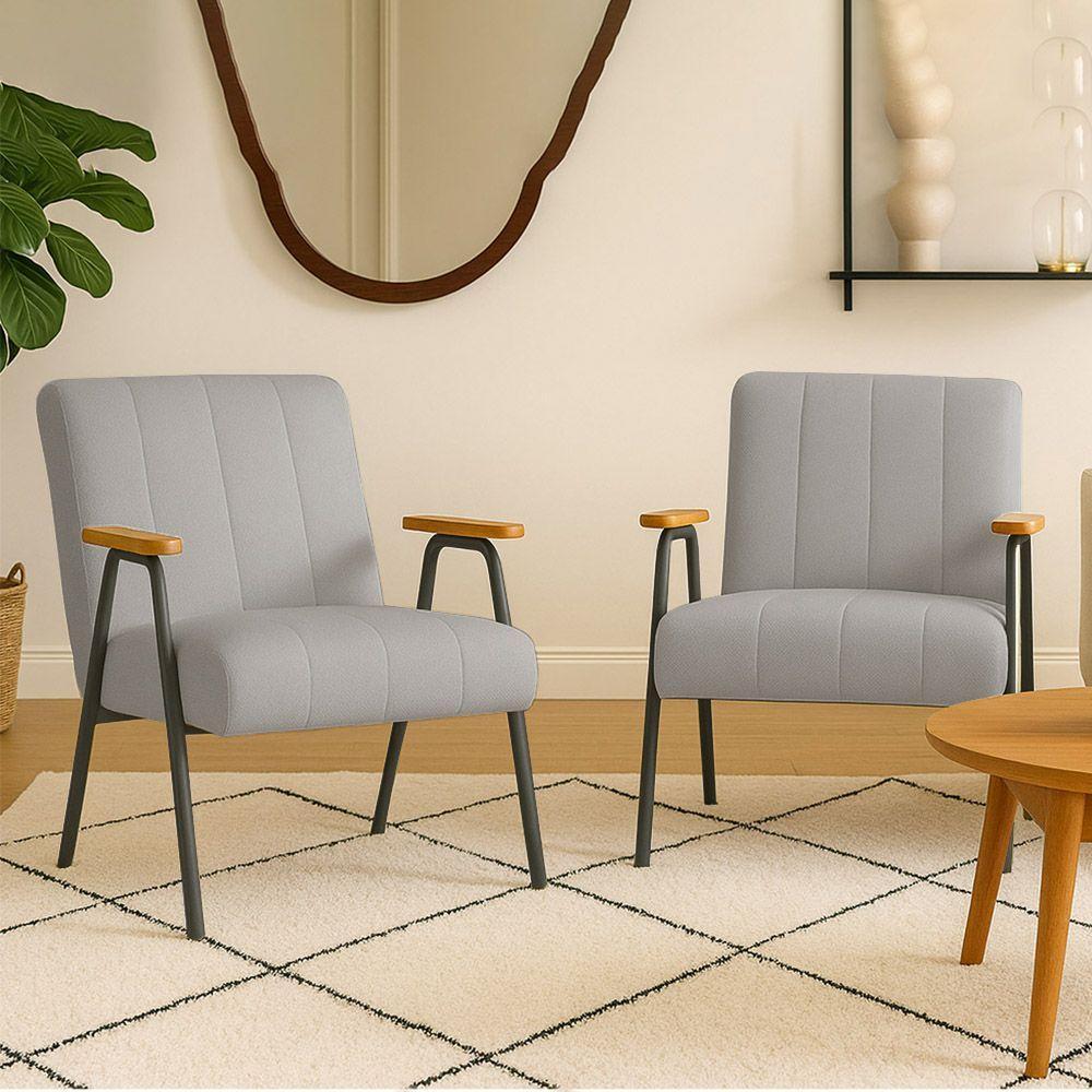 Poltrona Sala Decorativa Industrial Preto Kit 2 Laurita Linho K01 - D'rossi Cor Cinza - 1