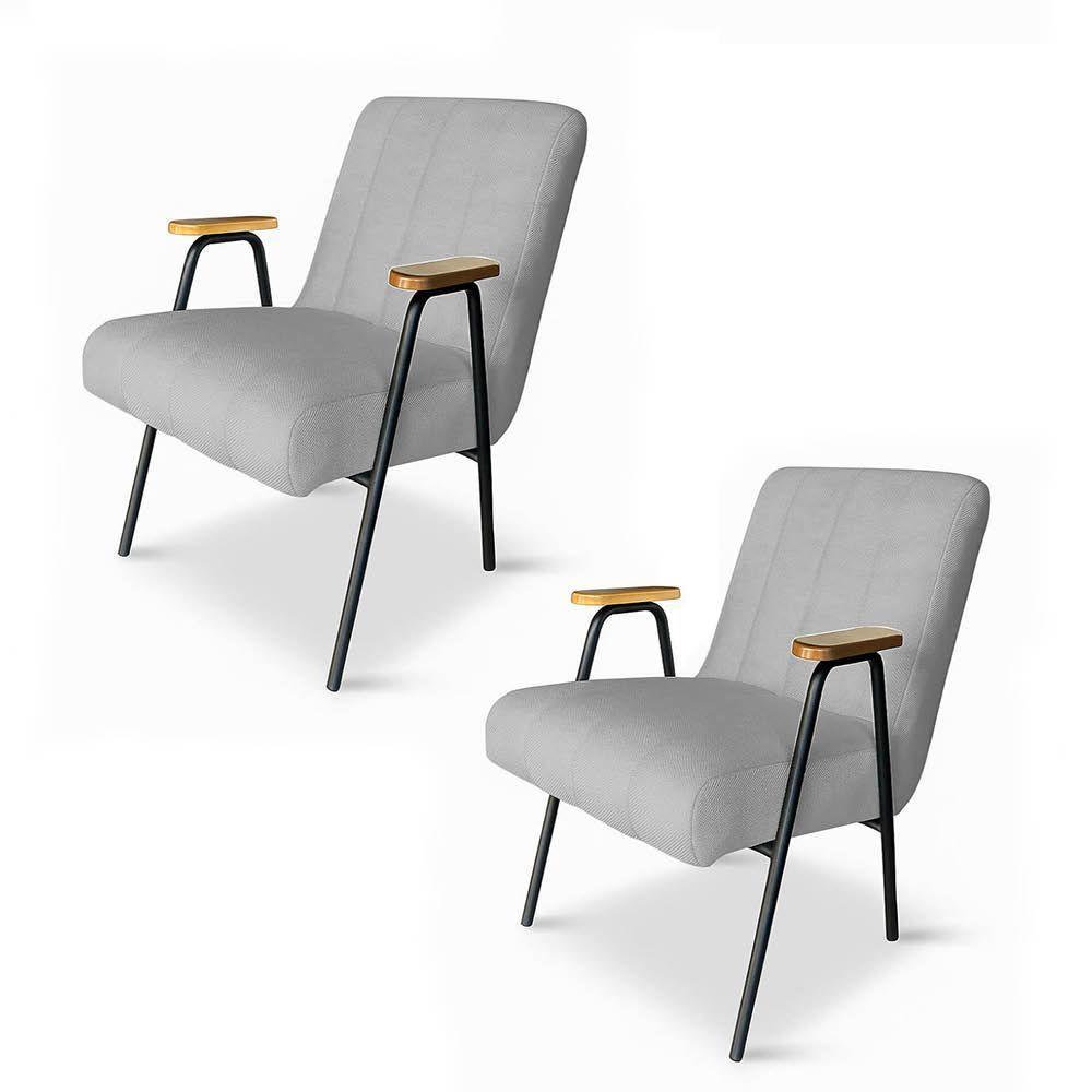 Poltrona Sala Decorativa Industrial Preto Kit 2 Laurita Linho K01 - D'rossi Cor Cinza - 2