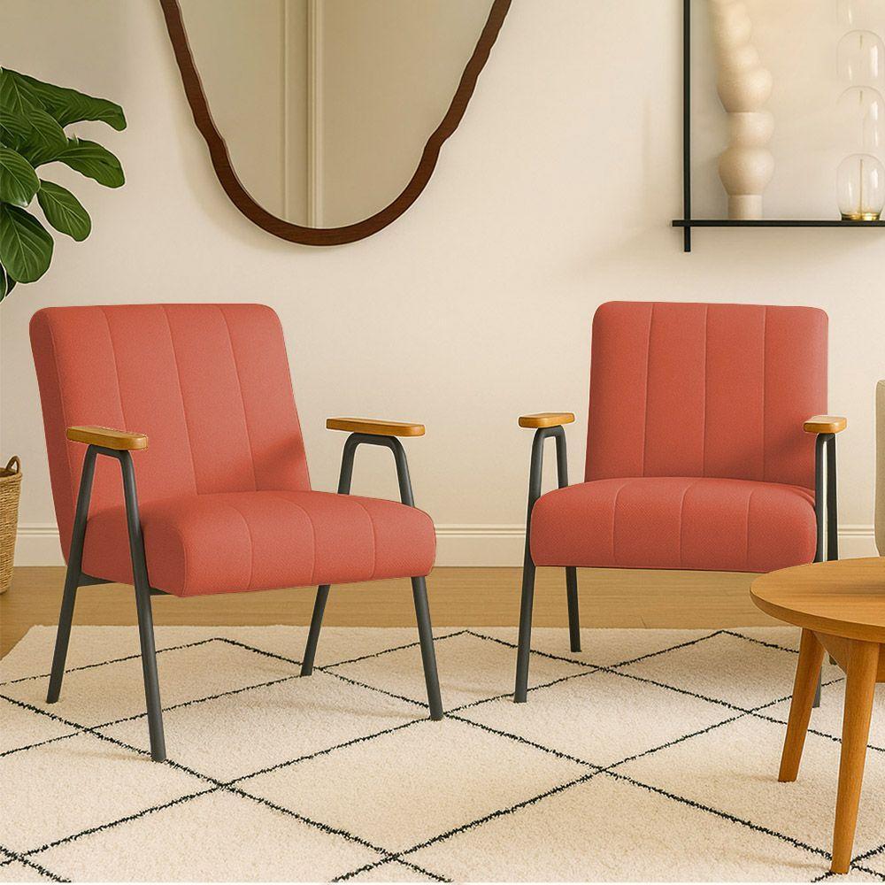 Poltrona Sala Decorativa Industrial Preto Kit 2 Laurita Linho K01 - D'rossi Cor Salmão - 1