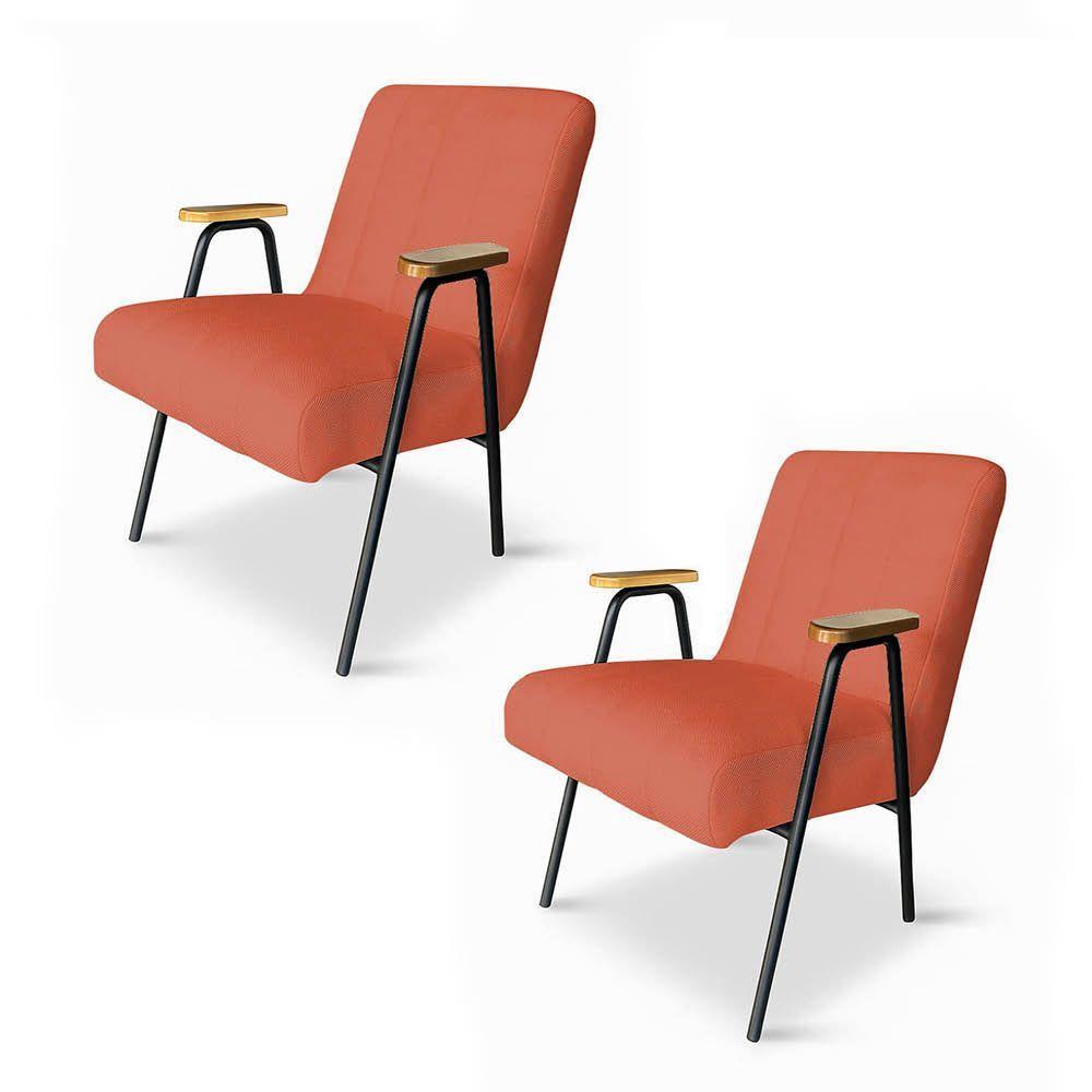 Poltrona Sala Decorativa Industrial Preto Kit 2 Laurita Linho K01 - D'rossi Cor Salmão - 2