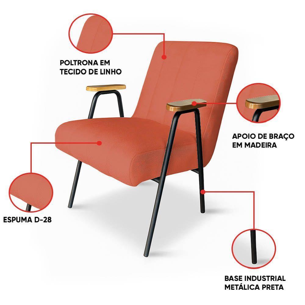 Poltrona Sala Decorativa Industrial Preto Kit 2 Laurita Linho K01 - D'rossi Cor Salmão - 3