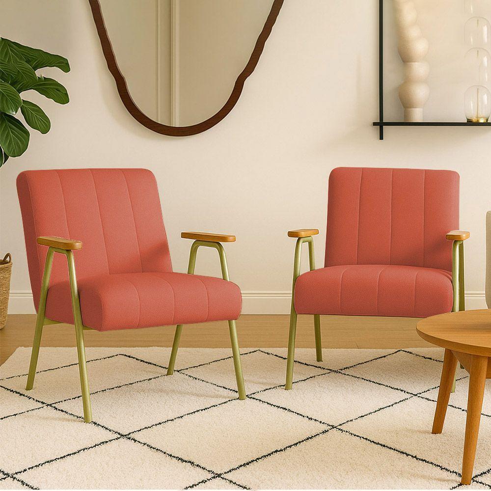 Poltrona Sala Decorativa Industrial Dourado Kit 2 Laurita Linho K01 - D'rossi Cor Salmão - 1