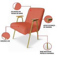 Poltrona Sala Decorativa Industrial Dourado Kit 2 Laurita Linho K01 - D'rossi Cor Salmão - 3