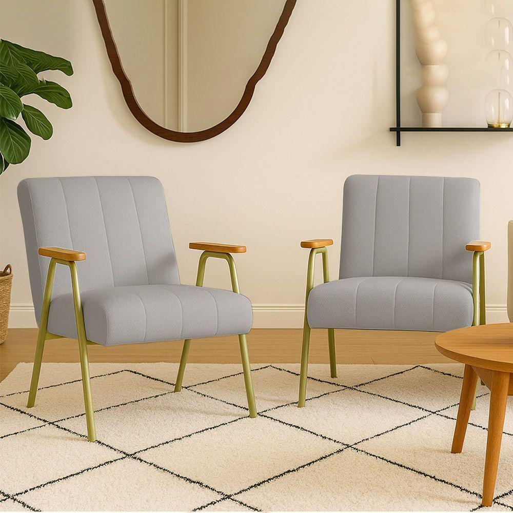 Poltrona Sala Decorativa Industrial Dourado Kit 2 Laurita Linho Cinza K01 - D'rossi - 1