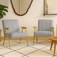 Poltrona Sala Decorativa Industrial Dourado Kit 2 Laurita Linho Cinza K01 - D'rossi - 1