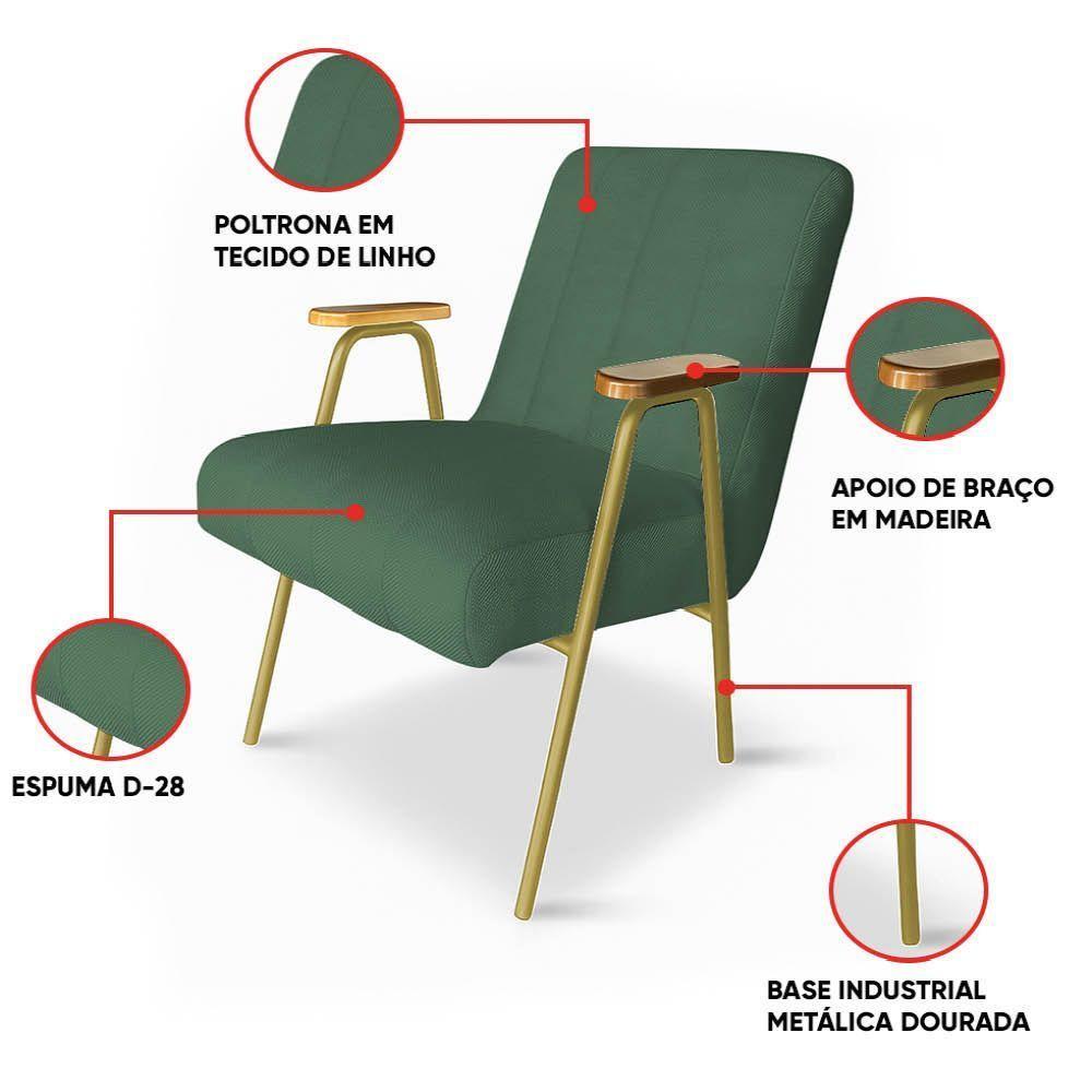 Poltrona Sala Decorativa Industrial Dourado Kit 2 Laurita Linho Verde K01 - D'rossi - 3