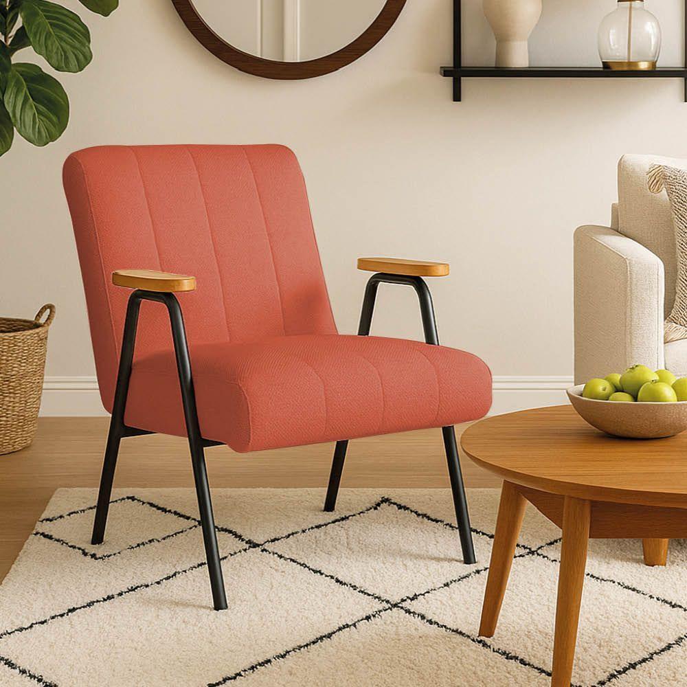 Poltrona Sala Decorativa Industrial Dourado Laurita Linho K01 - D'rossi Cor Salmão - 1