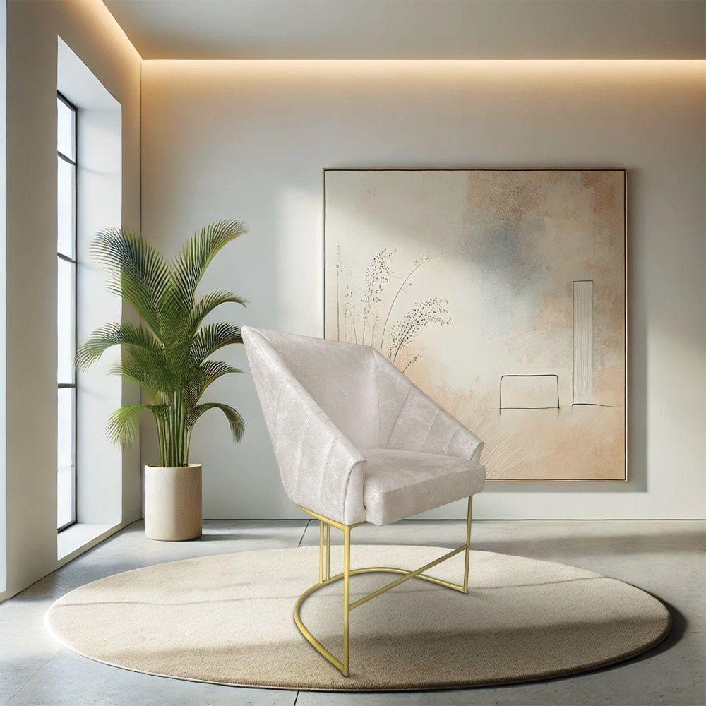 Poltrona Decorativa Alana Veludo Bege Base De Ferro Dourado - Pallazio - 1