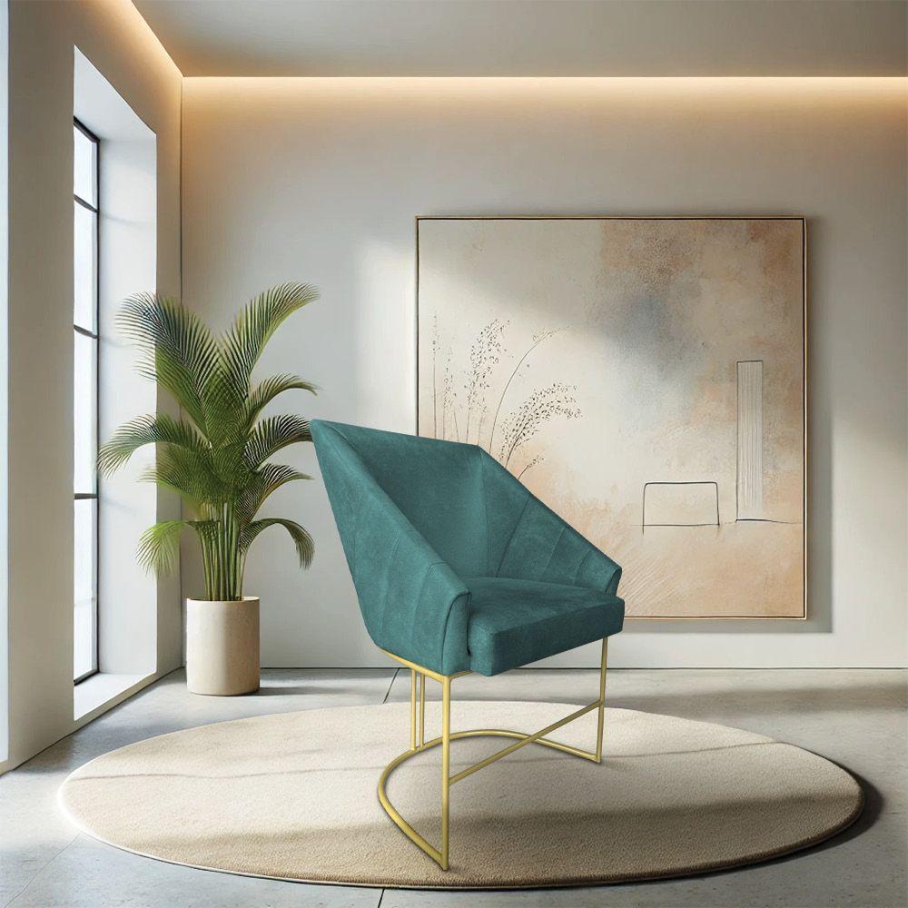 Poltrona Decorativa Alana Suede Base De Ferro Dourado - Pallazio Cor Azul Turquesa - 1