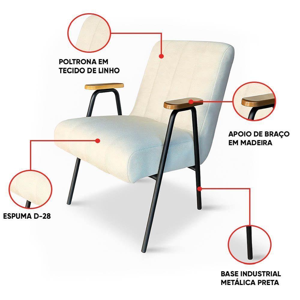 Poltrona Sala Decorativa Industrial Preto Kit 2 Laurita Linho K01 - D'rossi Cor Bege - 3