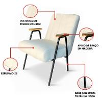 Poltrona Sala Decorativa Industrial Dourado Laurita Linho K01 - D'rossi Cor Bege - 2