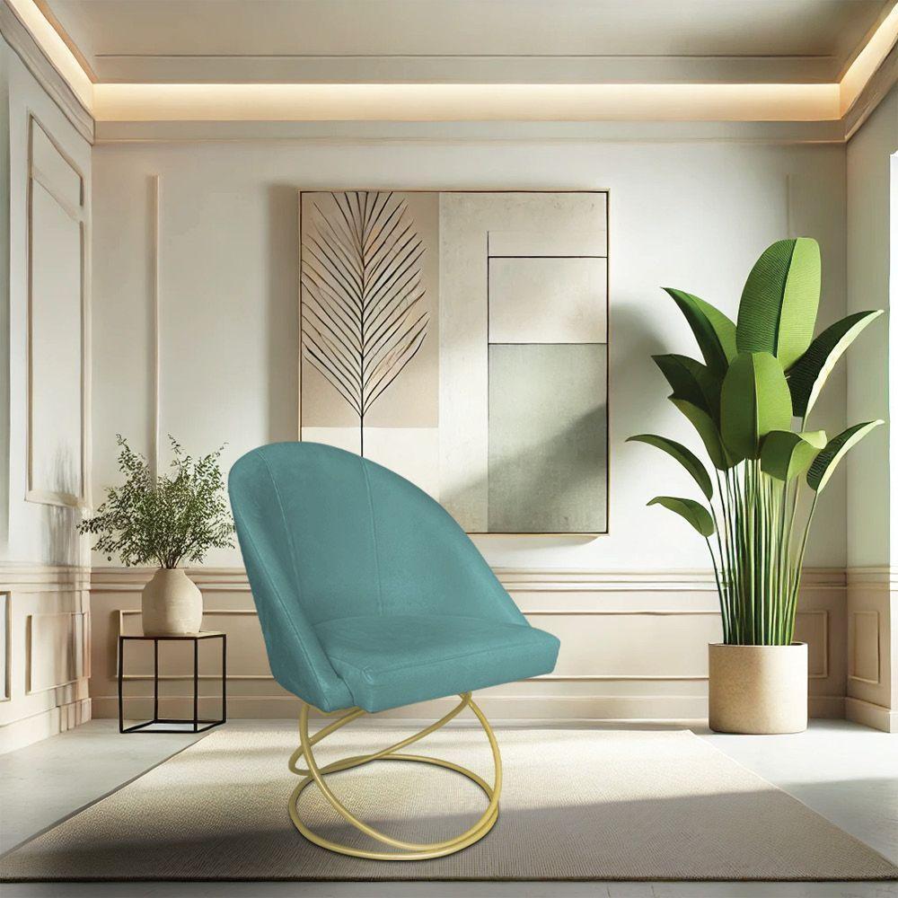 Kit 02 Cadeiras Poltrona De Jantar Bela Suede Base Metálica Luxo Dourado - Pallazio Cor Azul Turquesa - 2