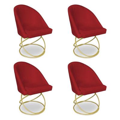 Kit 04 Cadeiras Poltrona De Jantar Bela Suede Vermelho Base Metálica Luxo Dourado - Pallazio