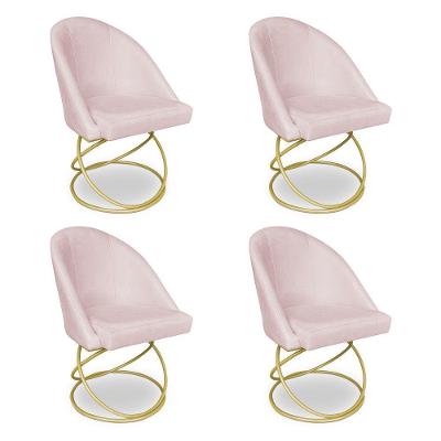 Kit 04 Cadeiras Poltrona De Jantar Bela Suede Rosa Bebê Base Metálica Luxo Dourado - Pallazio