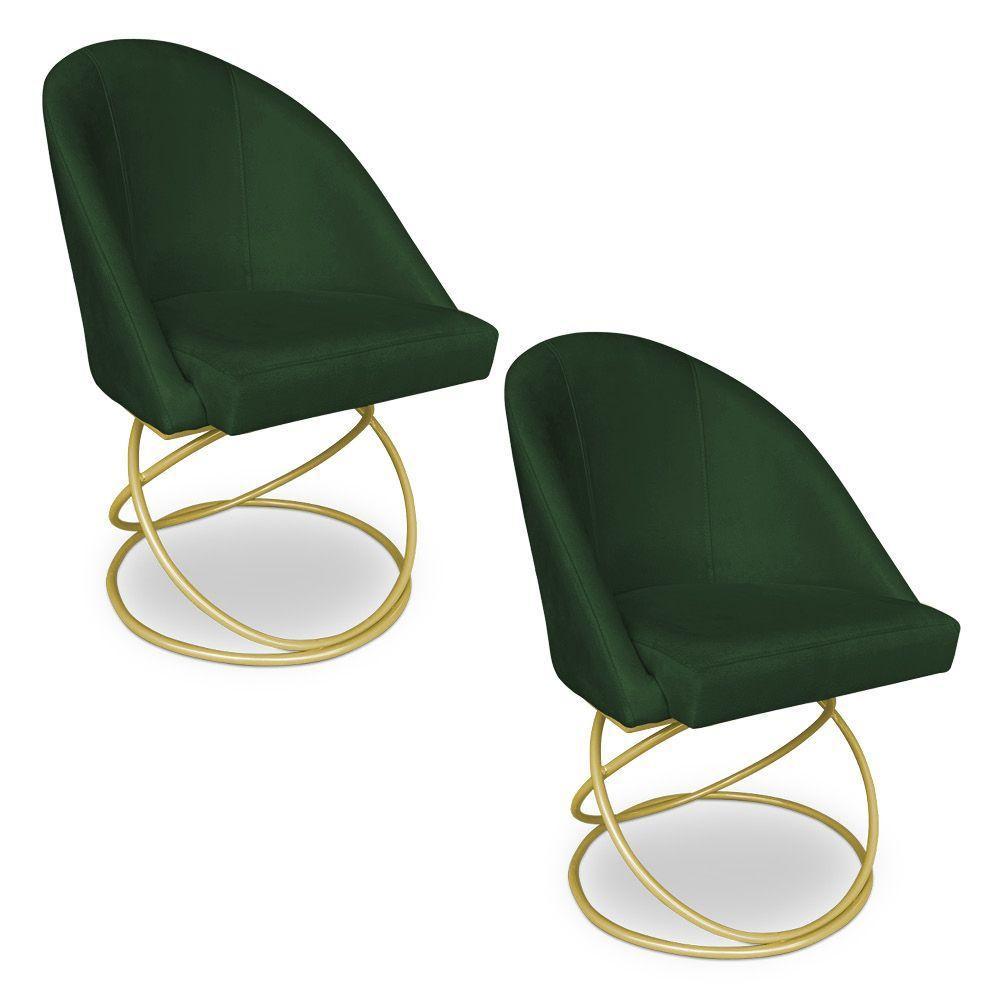 Kit 02 Cadeiras Poltrona De Jantar Bela Suede Verde Base Metálica Luxo Dourado - Pallazio - 1