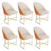 Kit 06 Cadeiras Poltrona De Jantar Bela Corano Nozes E Linho Bege Base Metálica Industrial Dourado - Pallazio - 1