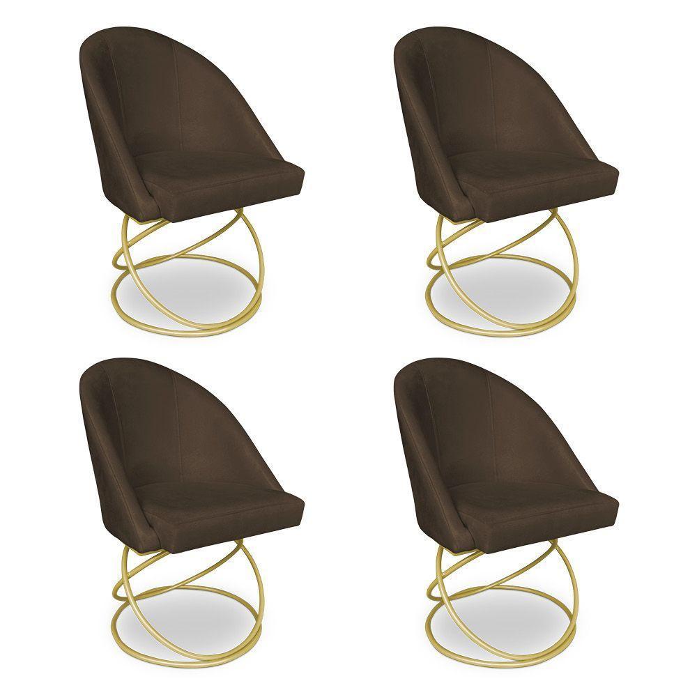 Kit 04 Cadeiras Poltrona De Jantar Bela Suede Marrom Base Metálica Luxo Dourado - Pallazio - 1