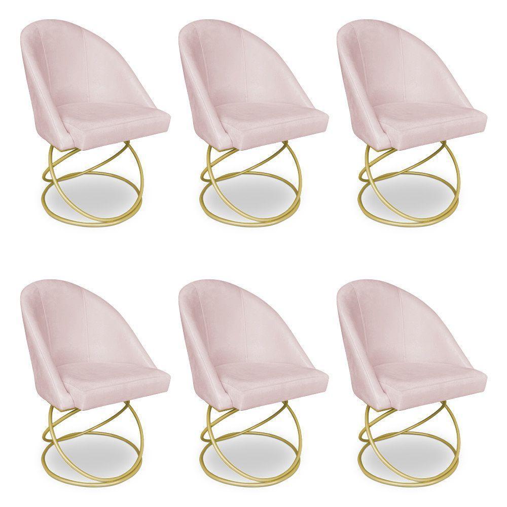 Kit 06 Cadeiras Poltrona De Jantar Bela Suede Base Metálica Luxo Dourado - Pallazio Cor Rosa Bebê - 1