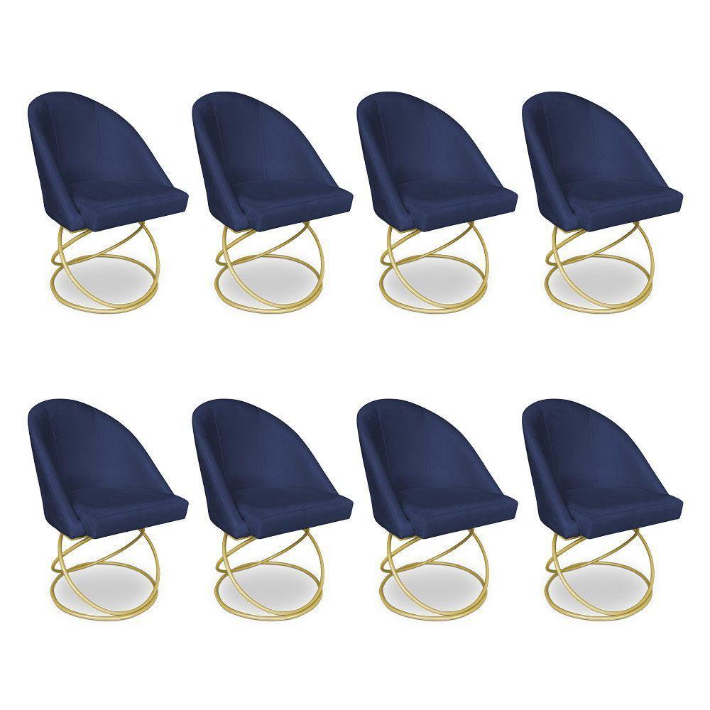 Kit 08 Cadeiras Poltrona De Jantar Bela Suede Base Metálica Luxo Dourado - Pallazio Cor Azul Marinho - 1