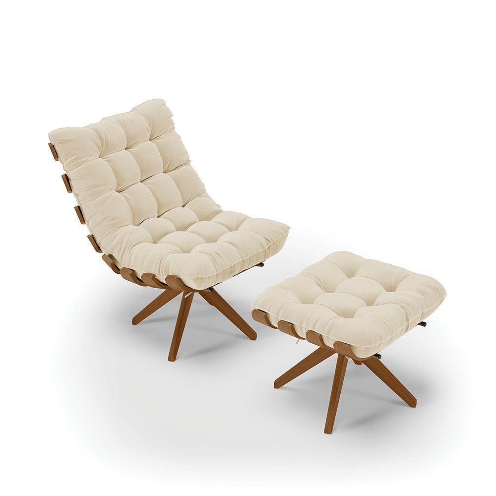 Poltrona Com Puff Giratório Costela Linho Base De Madeira Ma30 M11 - D'rossi Cor A32 Palha - 1