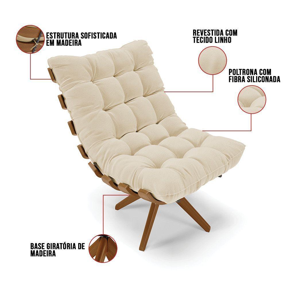 Poltrona Com Puff Giratório Costela Linho Base De Madeira Ma30 M11 - D'rossi Cor A32 Palha - 5