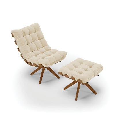 Poltrona Com Puff Giratório Costela Linho Base De Madeira Ma30 M11 - D'rossi Cor A32 Palha