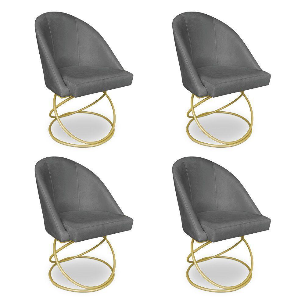 Kit 04 Cadeiras Poltrona De Jantar Bela Suede Grafite Base Metálica Luxo Dourado - Pallazio - 1