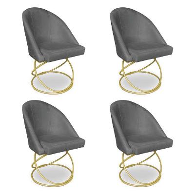 Kit 04 Cadeiras Poltrona De Jantar Bela Suede Grafite Base Metálica Luxo Dourado - Pallazio