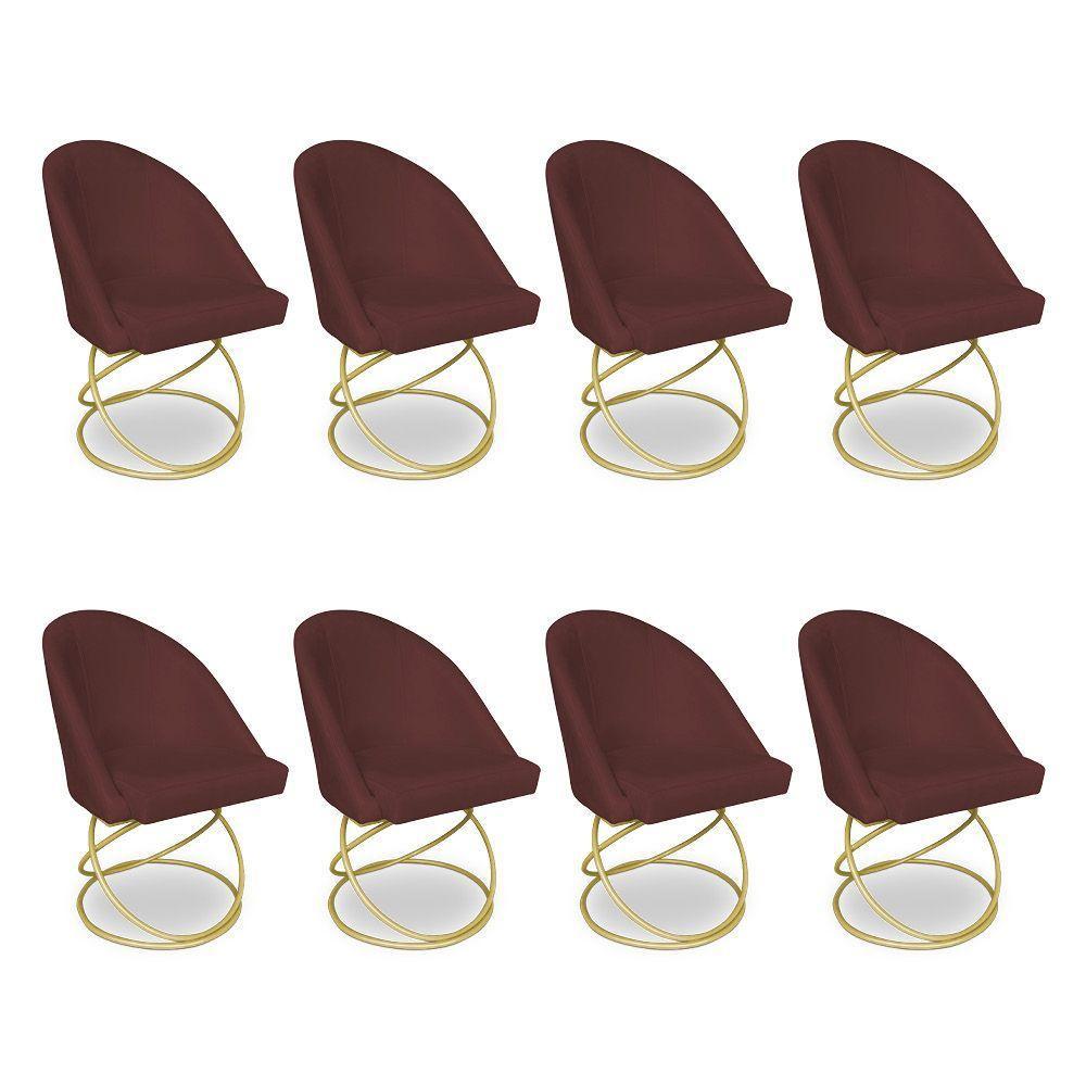 Kit 08 Cadeiras Poltrona De Jantar Bela Suede Marsala Base Metálica Luxo Dourado - Pallazio - 1
