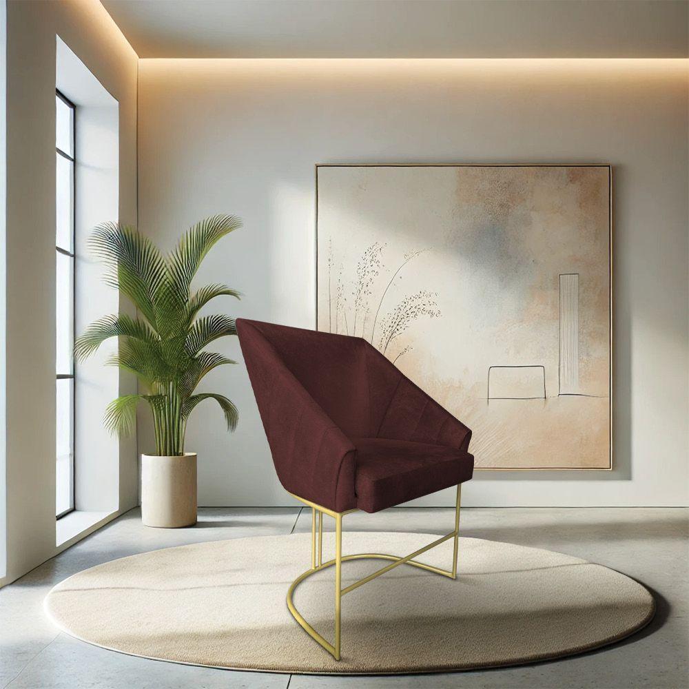 Poltrona Decorativa Alana Suede Base De Ferro Dourado - Pallazio Cor Marsala - 1