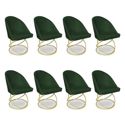Kit 08 Cadeiras Poltrona De Jantar Bela Suede Verde Base Metálica Luxo Dourado - Pallazio