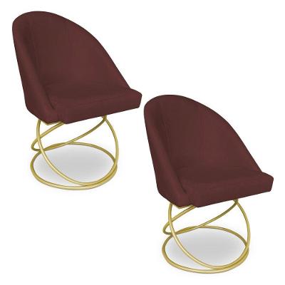 Kit 02 Cadeiras Poltrona De Jantar Bela Suede Marsala Base Metálica Luxo Dourado - Pallazio