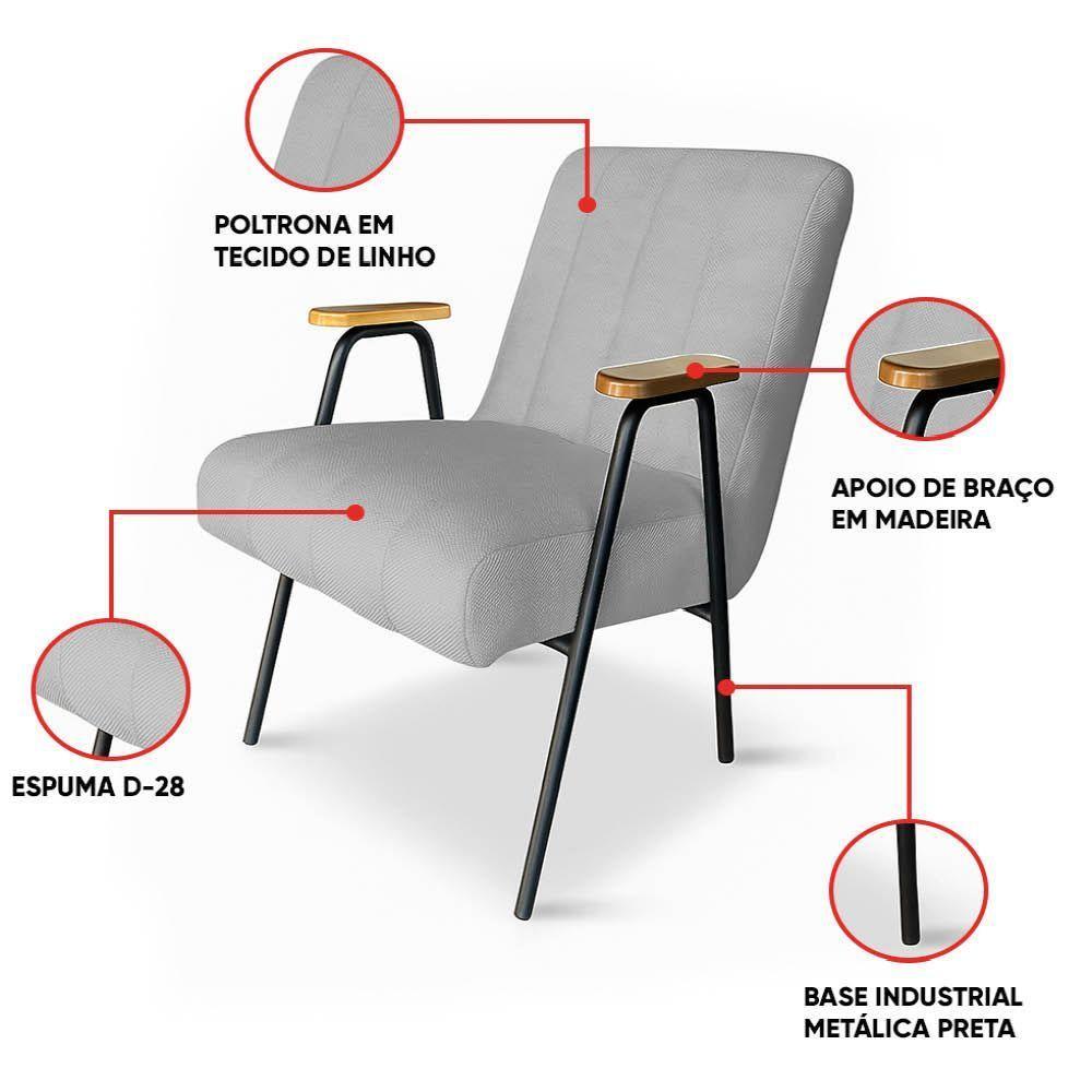 Poltrona Sala Decorativa Industrial Dourado Laurita Linho K01 - D'rossi Cor Cinza - 3