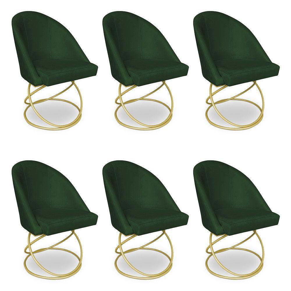Kit 06 Cadeiras Poltrona De Jantar Bela Suede Base Metálica Luxo Dourado - Pallazio Cor Verde - 1