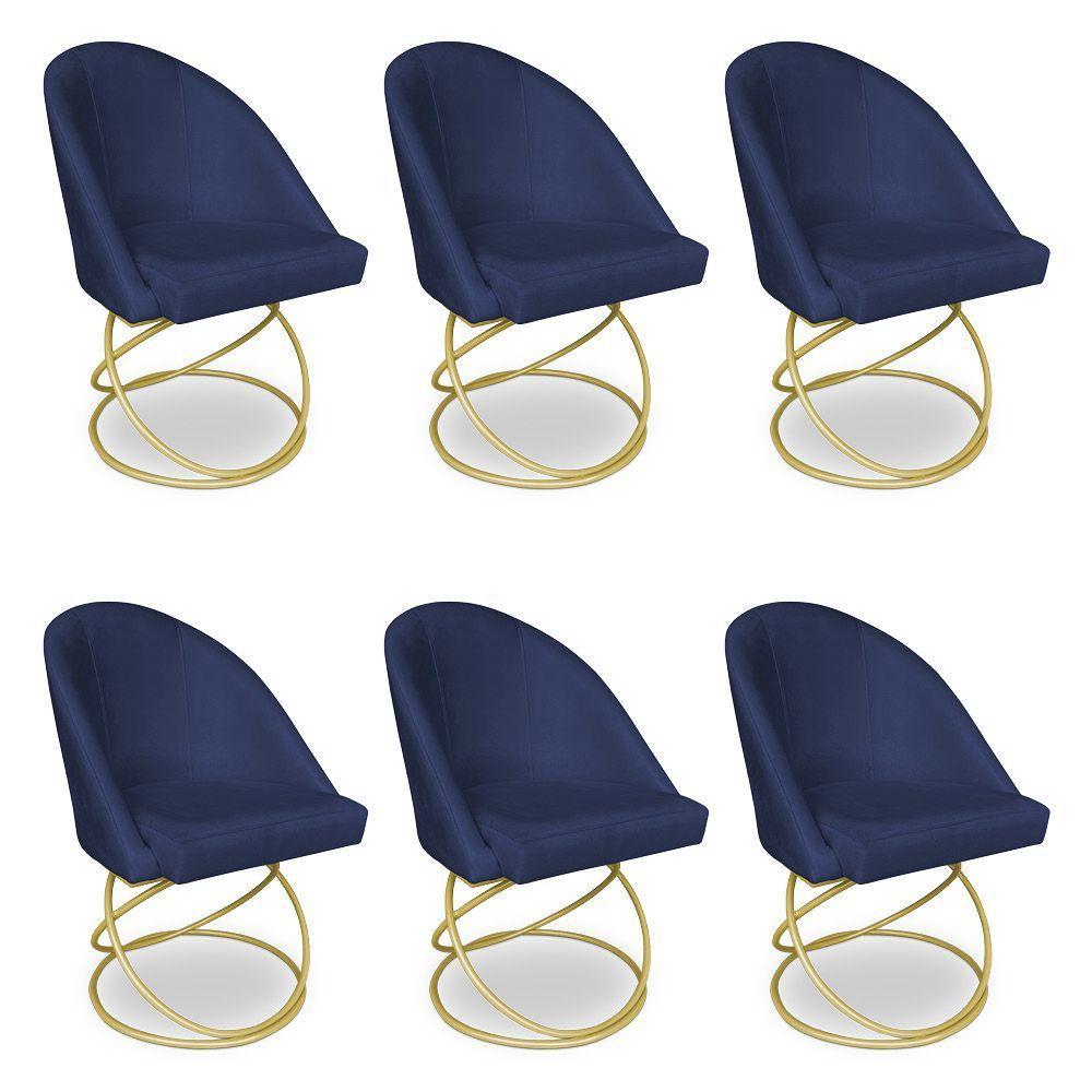 Kit 06 Cadeiras Poltrona De Jantar Bela Suede Base Metálica Luxo Dourado - Pallazio Cor Azul Marinho - 1