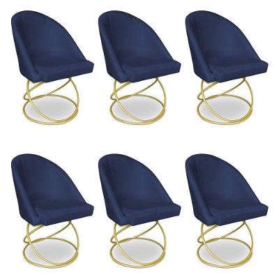 Kit 06 Cadeiras Poltrona De Jantar Bela Suede Base Metálica Luxo Dourado - Pallazio Cor Azul Marinho