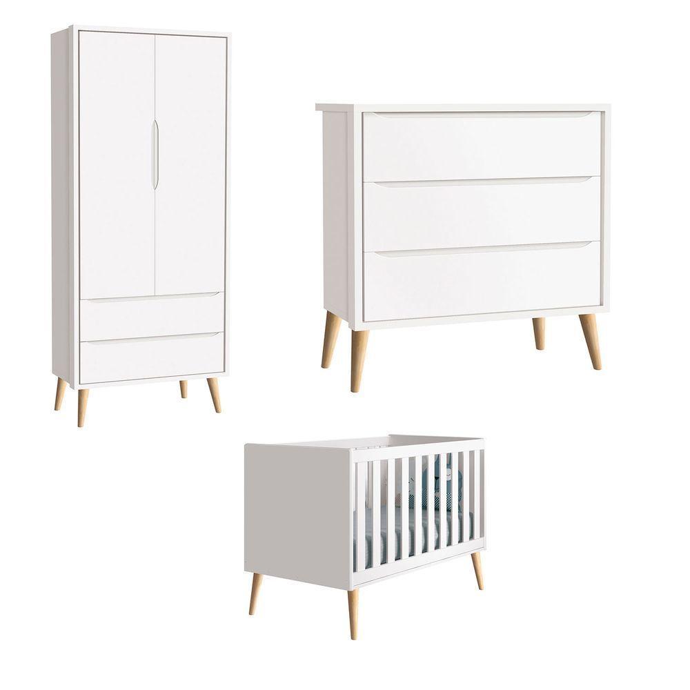 Jogo De Quarto Para Bebê Completo 2 Portas Théo New Branco Fosco Com Natural - Reller - 1