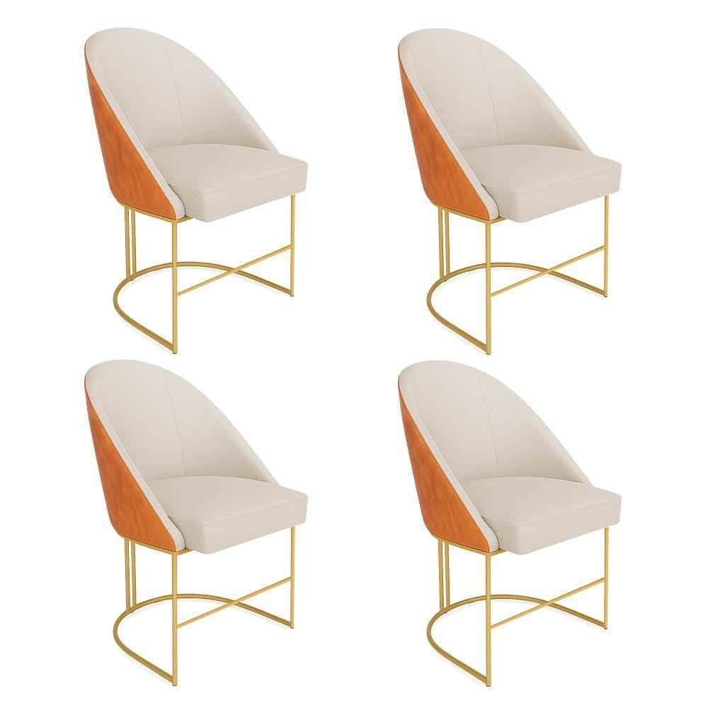Kit 04 Cadeiras Poltrona De Jantar Bela Corano Nozes E Linho Bege Base Metálica Industrial Dourado - Pallazio - 1