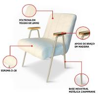 Poltrona Sala Decorativa Industrial Champanhe Laurita Linho K01 - D'rossi Cor Bege - 3