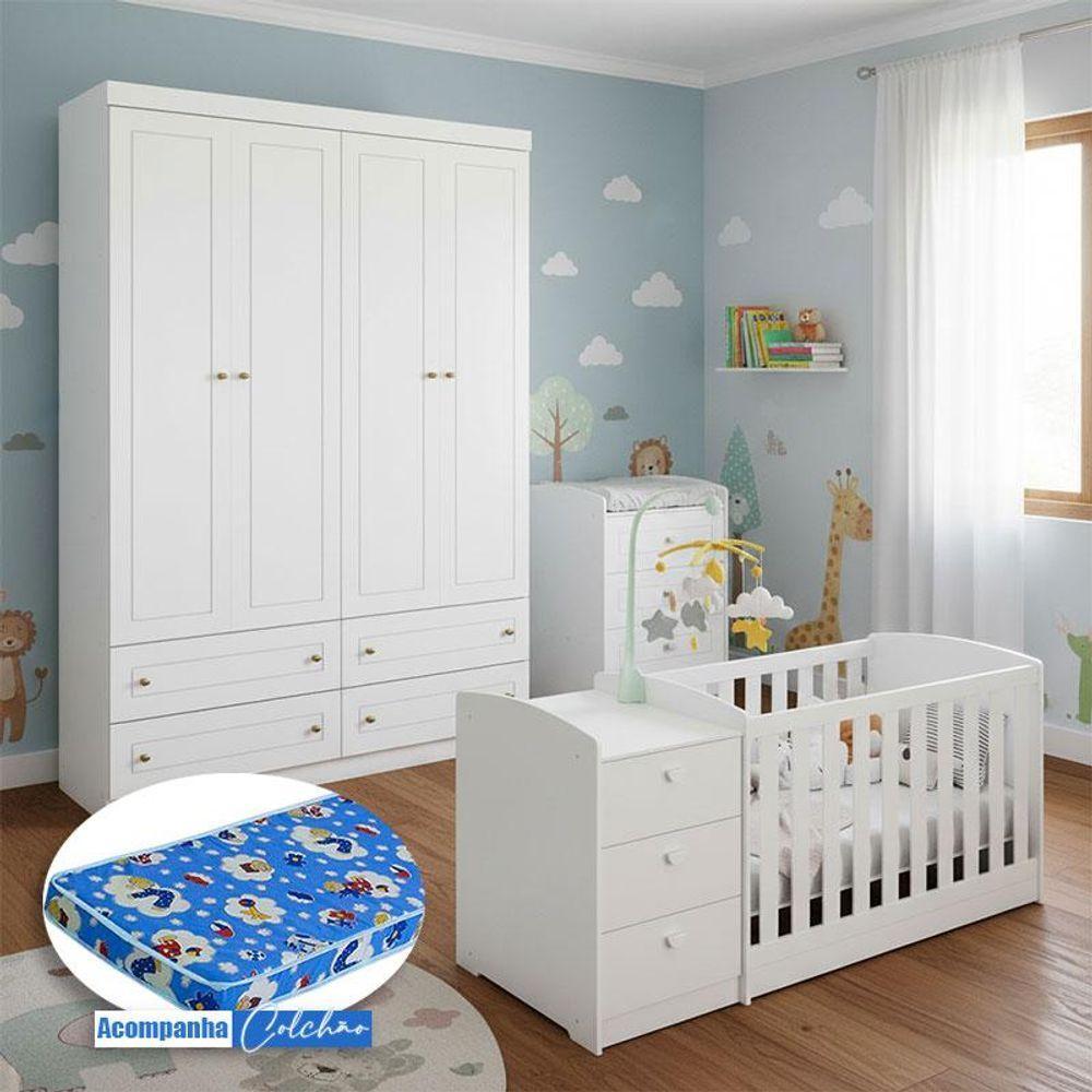 Berço Multifuncional Atlanta E Guarda Roupa Americano 4 Portas Henn Ambiente Branco Fosco Com Colchão Ortobom - Reller - 1