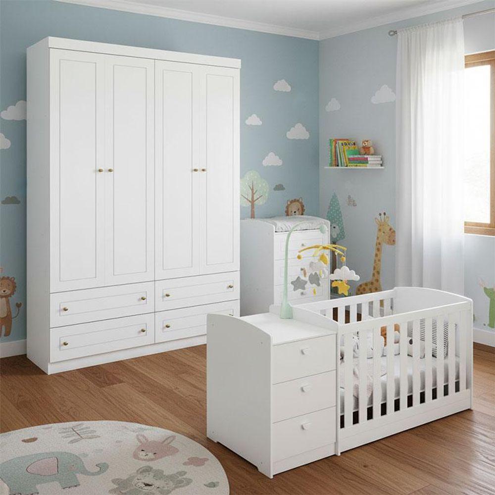Berço Multifuncional Atlanta E Guarda Roupa 4 Portas Mississipi Ambiente Branco Fosco Henn - Reller - 1