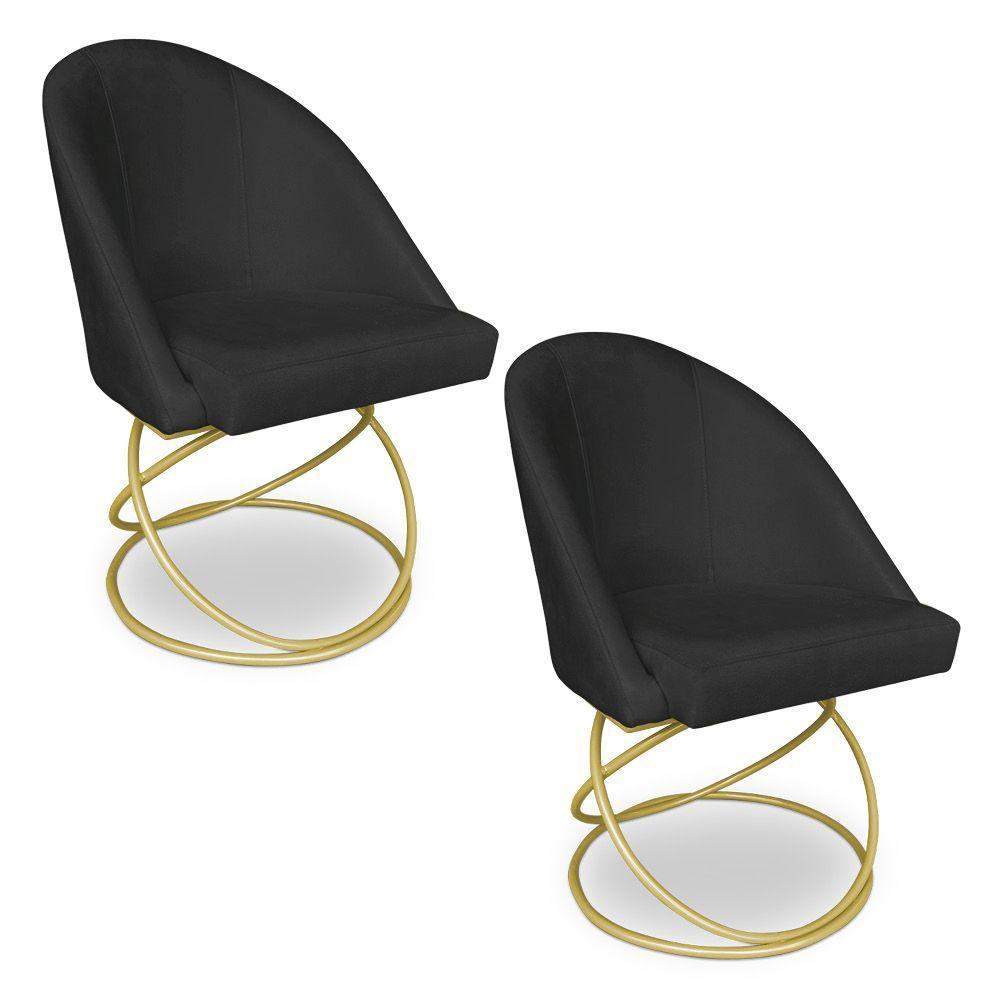 Kit 02 Cadeiras Poltrona De Jantar Bela Suede Base Metálica Luxo Dourado - Pallazio Cor Preto - 1